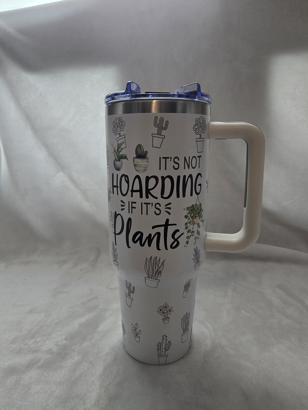 White Plant-Themed Insulated Travel Mug with Handle